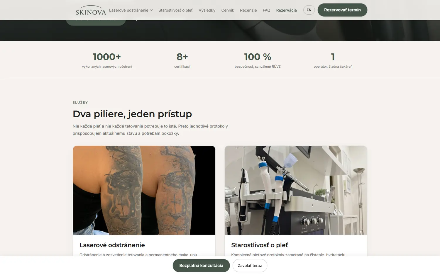 Services section of the SKINOVA site